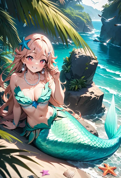 (best quality,4k,8k,highres,masterpiece:1.2),ultra-detailed,teenage girl gets magically transformed into a mermaid, fantasy transformation,red-eyed,beautiful detailed eyes,spiky long ginger hair,happiness,cute mermaid, long and detailed mermaid tail with s...