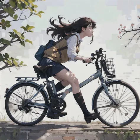 (masterpiece, highest quality:1.2), one girl riding a bicycle, alone、from the side、left side、blank background、white background、