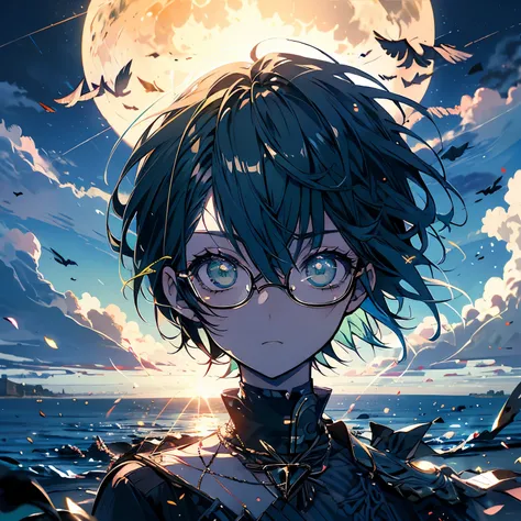 Masterpiece、Black and green hair、Delicate eyes、Short Hair、Green Eyes、Glasses、Serious face、night、full moon、Ocean