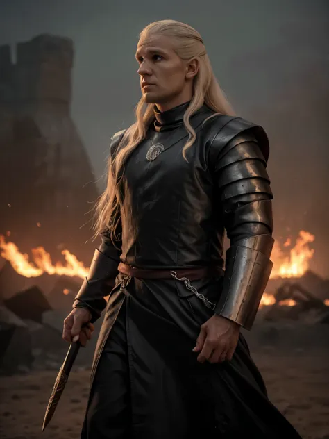 cinematic portrait of daemon targaryen in imposing pose, long silver hair, wavy, violet eyes, penetrating, masculine, tall, broa...