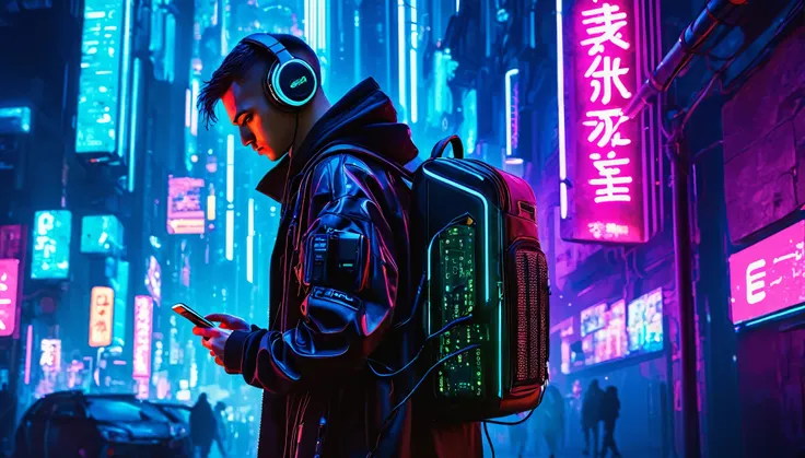 paisagem estilo cidade do cyberpunk escura com um homem com casaco bone e fone no centro com mochila grade e diferente, luzes es...