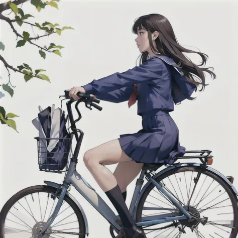 (masterpiece, highest quality:1.2), reality、one girl riding a bicycle, alone、high school girl、uniform、from the side、blank backgr...