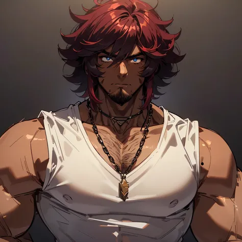 1 man, handsome, masculine, young adult man, ((muscle, broad shoulders)), ((hairy chest)), confident expression, looking at viewer, portrait, chain necklace, ((dark skin:1.9)), blue eyes with white pupils, ((purplish red hair, medium length hair, shaggy ha...