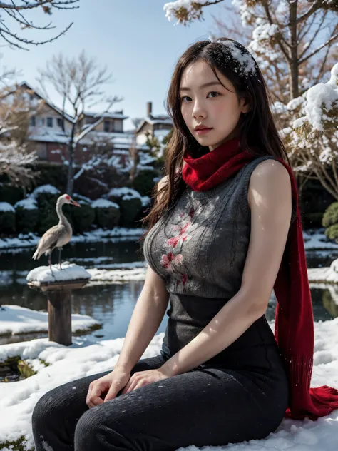 1girl, sitting, detailed face, scarf, tight sleeveless knitted sweater, red flower trees, japanese crane in the background, snowy, hdr, extremely delicate light, (realistic:1.3), legging, gigantic breasts,