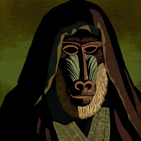 a baboon dressed in a dark cape. he looks at the horizon while his hand holds a staff