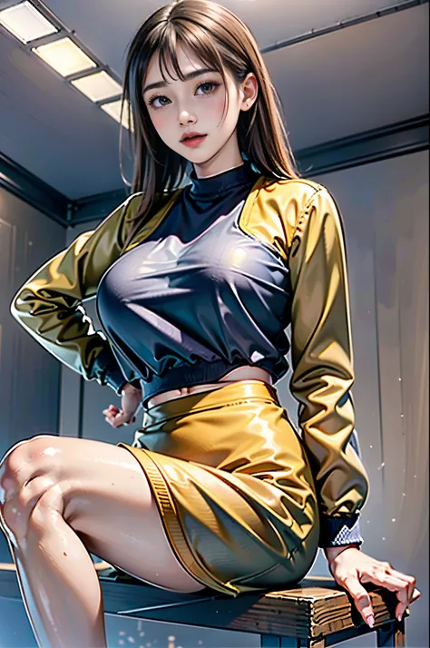 4k ultra hd, masterpiece, best quality, a girl, sports girl, happy, good face, smile, detailed eyes, detailed lips, very long hair, slim body, huge breasts, tight abs, narrow waist,orange clothes, cropped top, opened jacket, black jacket, skirt, sitting in...
