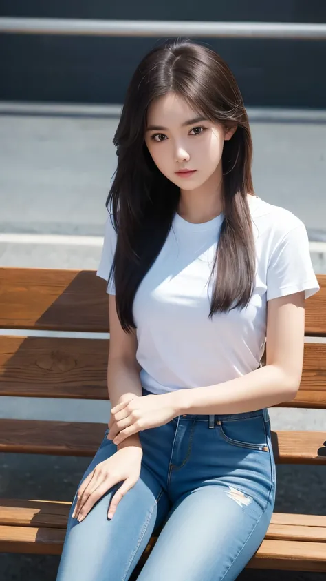 1 Girl,Solitary,best quality, masterpiece, 8K,Raw photo, photo (Purpose), Very detailed, Raw,Practical,sit, looking at the audience,jeans,White T-shirt,long hair,Black Hair, bench,