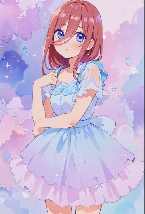 Pastel illustration, lilac theme, Miku nakano, standing 3/4, looking at viewer, wearing a lilac dress Pastel illustration, lilac theme, Miku nakano, standing 3/4, looking at viewer, soft standing pose, cowboy shot, wearing a lilac dress blue eyes, fluffy b...