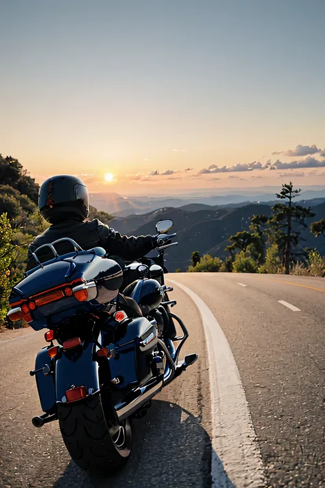 picture ultra realistic biker on a harley davidson motorcycle on the road 66 sunset side view