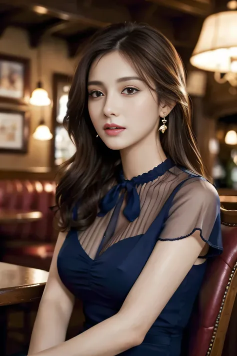 masterpiece, highest quality, Realistic, Very detailed, Finer details, High resolution, 8k wallpaper, One beautiful woman, Wear a navy blue see-through blouse, In a great pub, At night, Light brown messy hair, Perfect dynamic composition, Beautiful and bea...