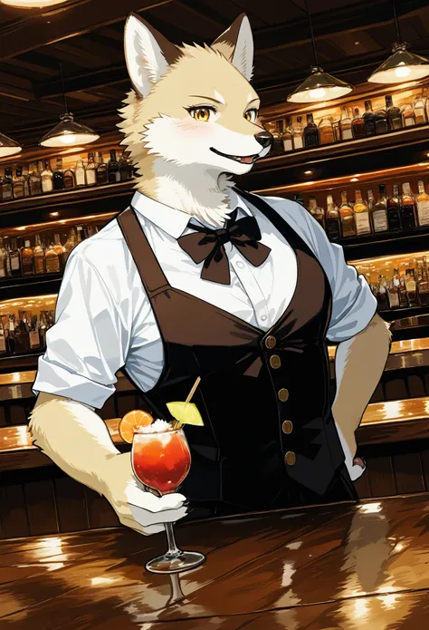 top quality, best quality, High-quality illustrations, masterpiece, super high resolution, detailed background, bartender, bar, cocktail, absurdres, perfect anatomy, expression, good lighting, cinematic shadow(kemono, furry anthro)dynamic angle,