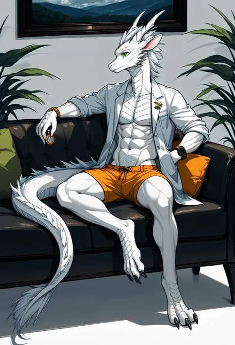 Oriental White Dragon（species），Casual attire，Deep green eyes，toned figure，Overcast personality，Holding a pocket watch，sitting in the couch，Holding a ring