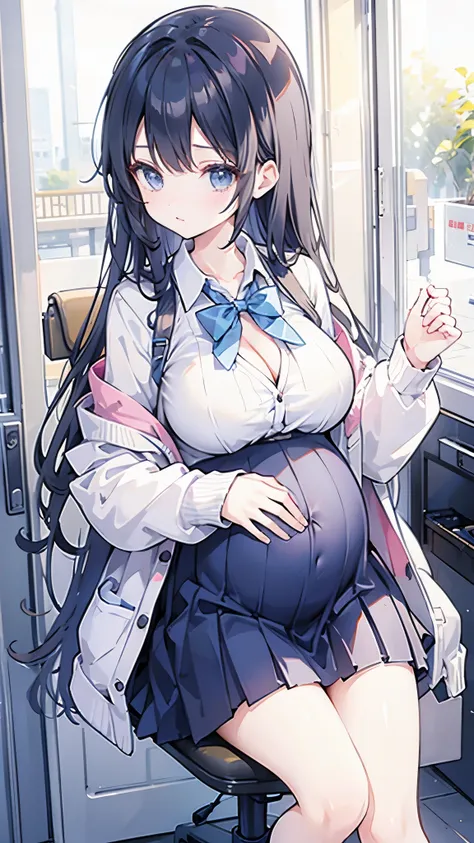 high school girl、uniform、girl、cute、pregnancy、Big Breasts、cardigan、I can see my cleavage.