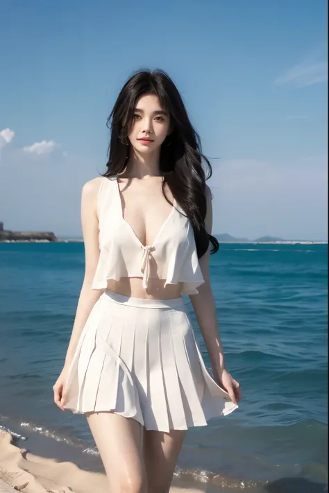 Beautiful woman with perfect body：1.4，Layered Hairstyle，Prominent cleavage：1.2，Highly detailed face and skin textures，Double eyelids，Skin Whitening，Long hair，Whitened long legs，Standing by the sea，Blue sky and white clouds（shirt，Pleated Skirt）