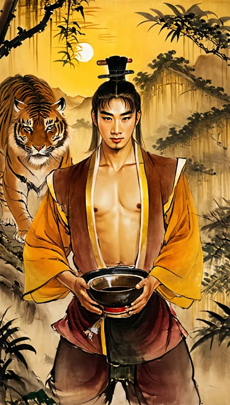 a man in traditional chinese song dynasty clothing, 28 years old, muscular build, holding a wine bowl, intense gaze, rugged appe...