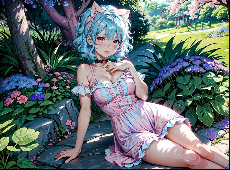 Mip, source_9 cozy glow, blue swirly hair, swirly bangs, (((pastel pink skin)))), ((blue hair with light blue strains)), orange eyes, white hair band, in a botanical Nyssa sylvatica garden arch, cascade water falls, cherry blossom tress everywhere, light p...