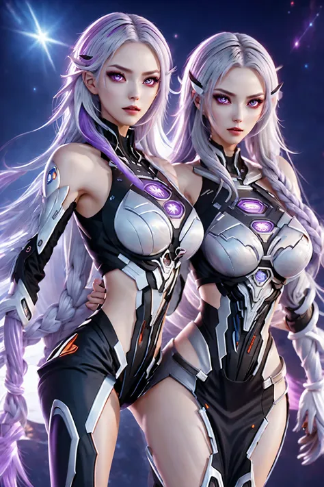 Complex 3D RendeRing ,Beautiful poRcelain contouRed mechanical female,Two girls back-to-back looking at the viewer,yinji , purple hair,purple eyes,very long hair,grey hair,double braid,gradient hair, cyboRg, cool, personality, brave, integRated ciRcuit paR...