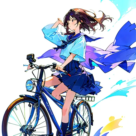 (masterpiece, highest quality:1.2), reality、one girl riding a bicycle, alone、high school girl、uniform、from the side、blank backgr...