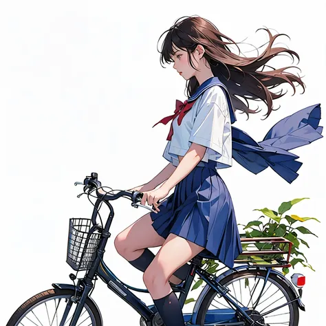 (masterpiece, highest quality:1.2), reality、one girl riding a bicycle, alone、high school girl、uniform、from the side、blank backgr...