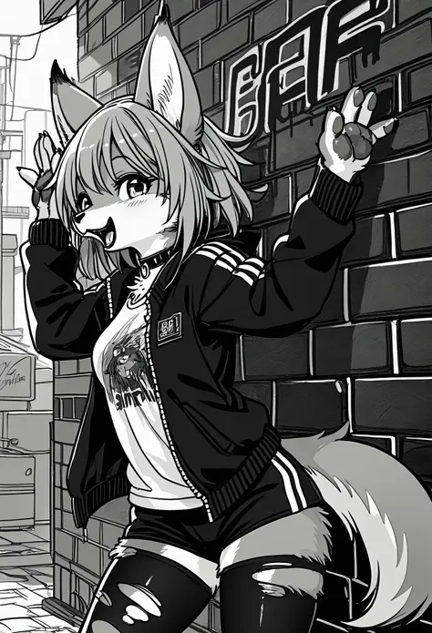 cover page, highres, top quality, best quality, paid reward available, unparalleled masterpiece, perfect artwork, absurdres, High-quality illustrations, laughing, perfect anatomy, lineart, monochrome, 1girl, kemono, furry, anthro, choker, shirt, torn legwe...