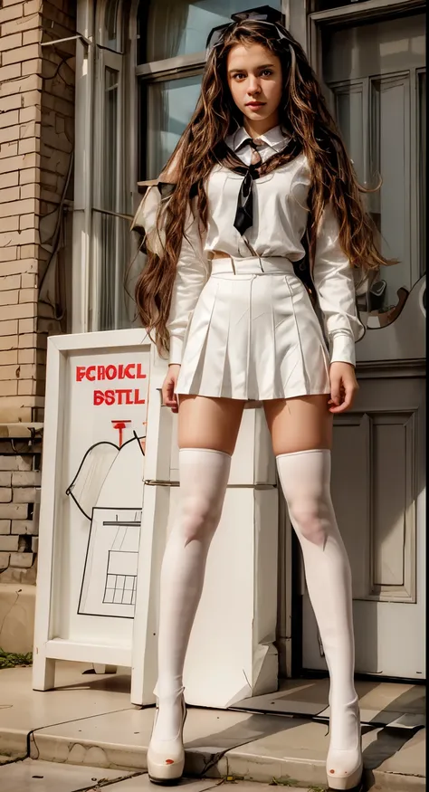 teenage girl, tomboy, long curly brown hair, hazel eyes, pale skin, caucasian, , white thighhigh socks, black high heels, best quality, highly detailed, portrait, full body, comicbook style