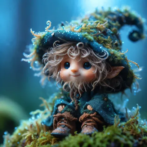 A cute diminutive moss covered dewy boy man male wizard, wizard pointy curled hat, half body shot waist up, rumpled hair, blue forest, glitter sparkling twinkling, wrinkled old looking skin, close up in a dewy rain forest, intricate wizarding costume cragg...