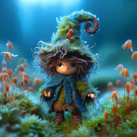 a cute diminutive moss covered dewy boy man male wizard, wizard pointy curled hat, half body shot waist up, rumpled hair, blue f...