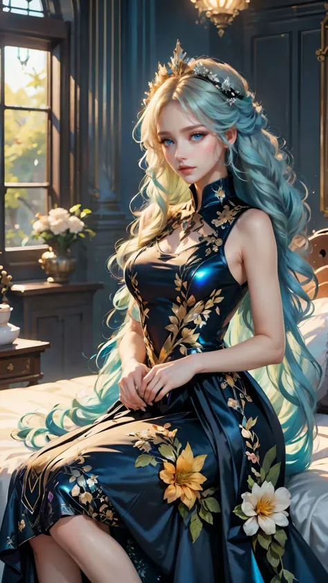 Best quality, masterpiece, ultra high res, raw photo, beautiful and aesthetic, deep shadow, fairy theme,(ultra detailed:1.3),
1girl, sitting pose, flower headdress, drill hair, long hair, blonde hair, gradient hair, yellow eyes, solo, huge breasts, big hai...