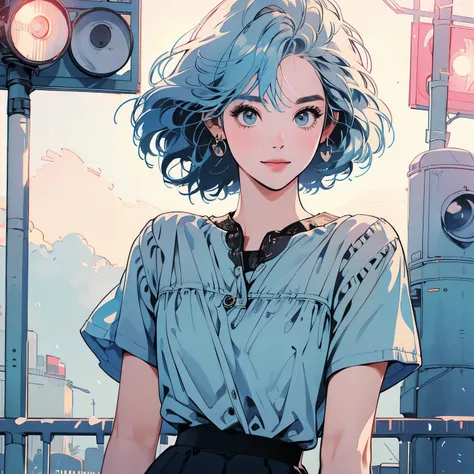 whole body、Kind Face、1 pretty woman、4k、White short sleeve blouse、skirt、pedestrian crossing、Signal 、intersection、Complex background、Detailed Hair、smile、Short light blue hair、Faint lighting