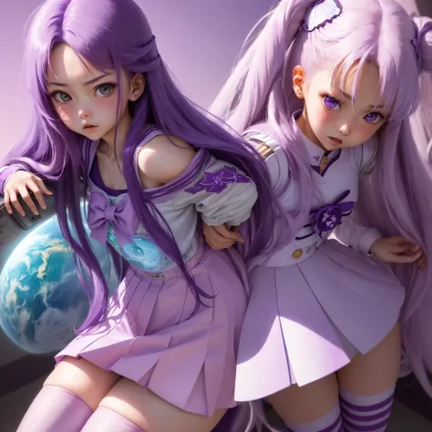 (Extreme complexity, two subjects)(subject 1: cryptic girl (CrptGrl), purple white gradient long hair, indifferent, kind, in her iconic outfit) and her companion Lisa (average Japanese woman, sailor scout outfit (small) looking embarrassed) examine a drago...