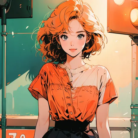 whole body、Kind Face、1 pretty woman、4k、White short sleeve blouse、skirt、pedestrian crossing、Signal 、intersection、Complex background、Detailed Hair、smile、Short light orange hair、Faint lighting