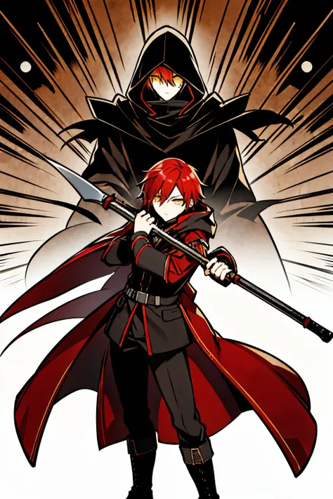 anime style, male character, yellow eyes: 2:4, red hair, hair slightly covering the eyes, large black hood covering the face, coat closed, expressionless appearance, black boots, in a sad mood, holding a battle axe.