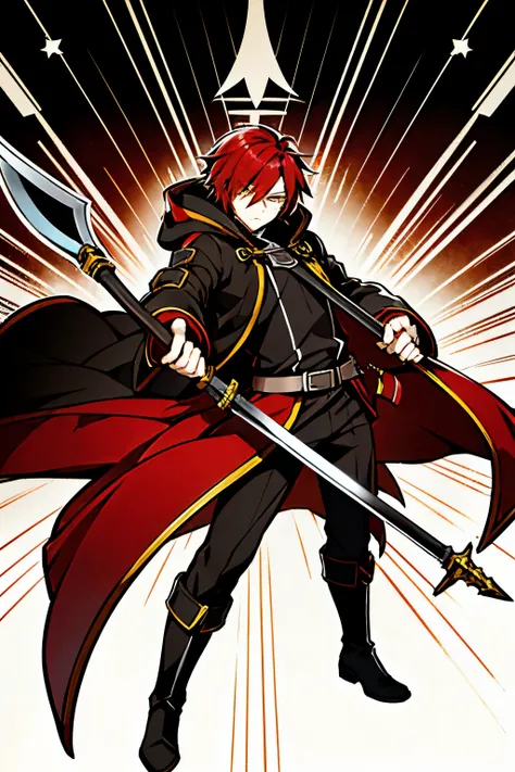 anime style, male character, yellow eyes: 2:4, red hair, hair slightly covering the eyes, large black hood covering the face, coat closed, expressionless appearance, black boots, in a sad mood, holding a battle axe.