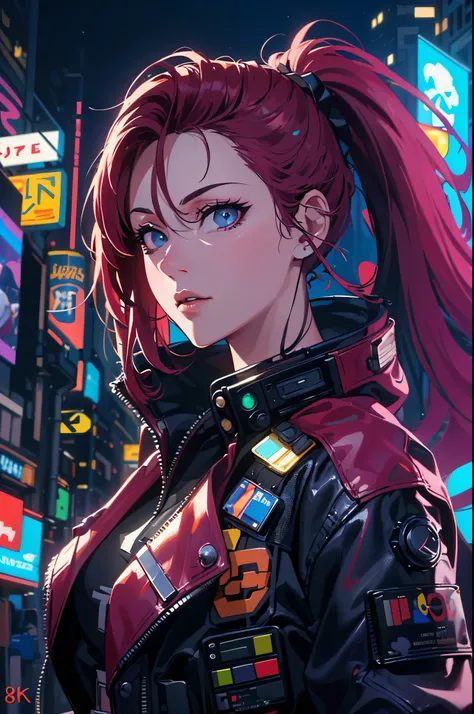 HD, (The finest details), (best quality), 2D, Cartoon，cartoon，( Cyberpunk girl image, (Top quality, 8K, 32k, masterpiece), (Dynamic poses), ((Facing the camera)), (looking at camera), Cowboy shooting, Hair is shapeless, Colorful hair, Colorful cyberpunk co...