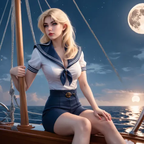 a woman in a sailor outfit sitting on a boat, in style of artgerm, moon shining, cosplay, a sexy blonde warrior,  trevor brown style, anime colours, award - winning epic painting, lunar cycles, photo realistic, 8k vibrant colors