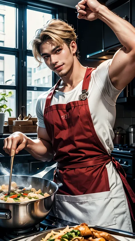 best quality, masterpiece, 8K, HD, masculine, male, extremely handsome 25 year-old taiwanese man, muscular, stylish blond hair, (white shirt), (((red apron))), dramatically frying food in a giant steel wok, dramatic action pose, cheeky smile, vibrant color...