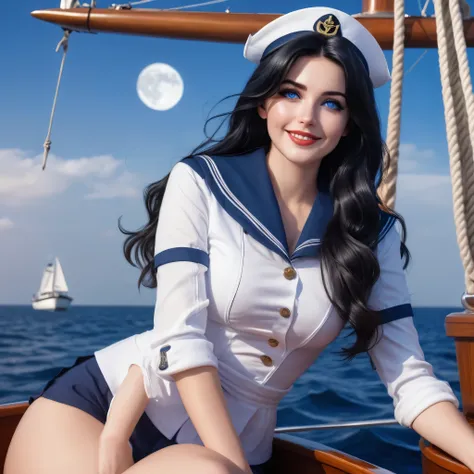 a woman in a sailor outfit sitting on a boat, in style of artgerm, moon shining, cosplay, a sexy warrior, smiling, long wavy black hair, cobalt blue eyes, trevor brown style, award - winning photo, lunar cycles, photo realistic, 8k vibrant colors