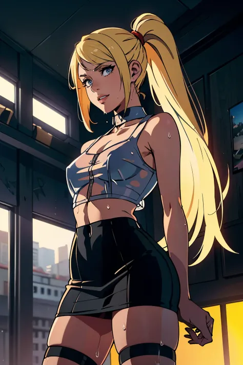 samus aran, ponytail, hair tie, white short pencil skirt, white crop top, tiny waist, skinny, slim, knees, black thigh-highs, smile, blonde hair, wet, see-through skirt, see-through shirt, wet clothes, wet white shirt, collar, mesh
(best quality,4k,8k,high...