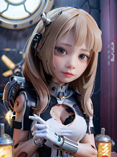 cyborg woman, half mechanical body, beautiful detailed eyes, beautiful detailed lips, highly detailed face and skin, long eyelas...