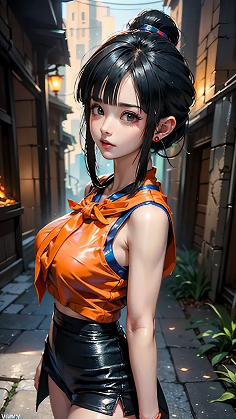 (ultra realistic,32k,RAW photo:1.1),(high detailed skin:1.1), 8k uhd, dslr, high quality, film grain, (makeup, mascara:1.1),(Videl dragon ball :1.4), lips,(thicklips), ,(Cyberpunk ruined dungeon ruins alley background :1.4 ), (miniskirt orange:1.4), (media...