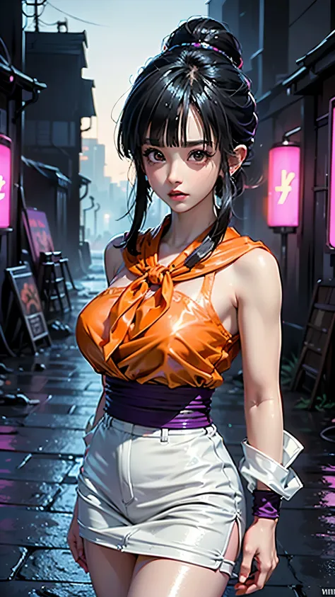 (ultra realistic,32k,RAW photo:1.1),(high detailed skin:1.1), 8k uhd, dslr, high quality, film grain, (makeup, mascara:1.1),(Videl dragon ball :1.4), lips,(thicklips), ,(Cyberpunk ruined dungeon ruins alley background :1.4 ), (miniskirt white :1.4), (media...