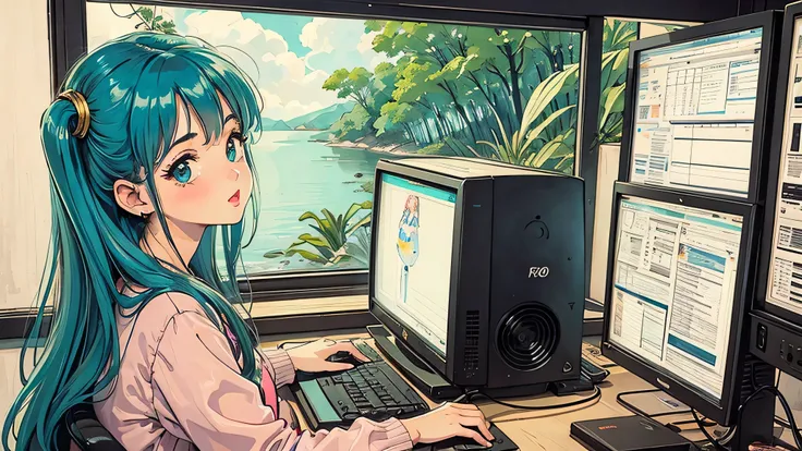 1 girl, 90s anime style, Looking at a computer, Retro, Lo-Fi