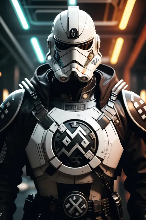 sh4g0d style cyberpunk-nazi, stormtrooper-nazi, broad shoulders black cloak (lights and switches on cheats) ((white plate)) nazi...