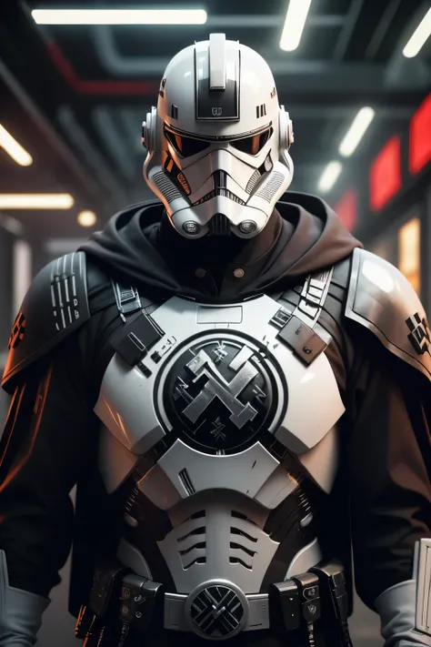 sh4g0d style cyberpunk-nazi, stormtrooper-nazi, broad shoulders black cloak (lights and switches on cheats) ((white plate)) nazi...