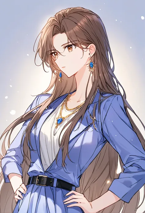 1 girl,solo,jewelry,hands on hips,brown hair,long hair,dress,white dress,necklace,brown eyes,jacket,earrings,blue jacket,belt,up...