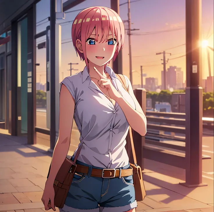 1girl, alone, ichika nakano,2d, masterpiece, best quality, anime, highly detailed, , only, cowboy shot, pink hair, short hair, b...