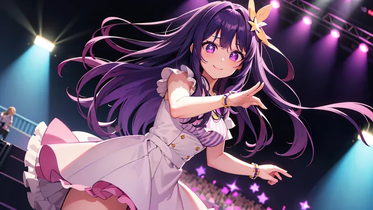 1 girl,(Ai Hoshino, Long Hair, Purple Hair, Striped Hair ,Purple eyes, Star-shaped pupils, hair ornaments) ,((masterpiece)), (highest quality), (Beautiful fine details), (Super detailed), (Fine details), (High resolution), 8k, Cinema Lighting, colorful, 1 ...