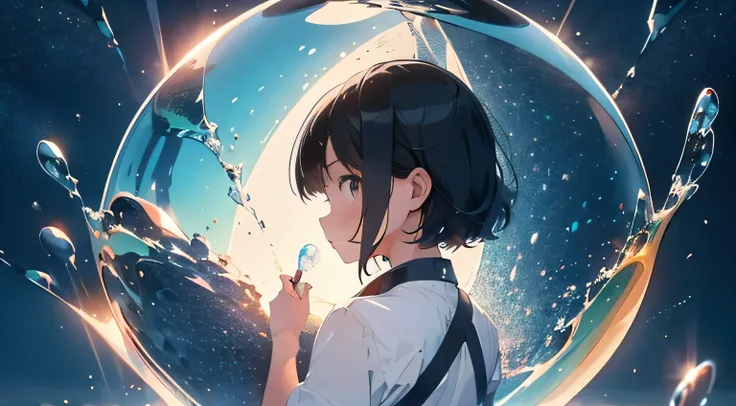 Girl with short black hair,Back view, Lots of colorful bubbles,Lots of sparkling, A small universe inside a bubble, Crystals in the bubbles,plant,blue,Spend time at the beach,masterpiece,4K
