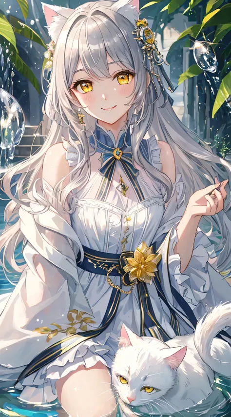 masterpiece,highest quality,Highly detailed face, water effects、Light effects、Feather Effect,Sparkling eyes,Highlighted eyes, Mid-chest,pretty girl,smile,Embarrassing,Cat ear,Beautiful silver hair,Pink inside,Beautiful yellow eyes,sunshine