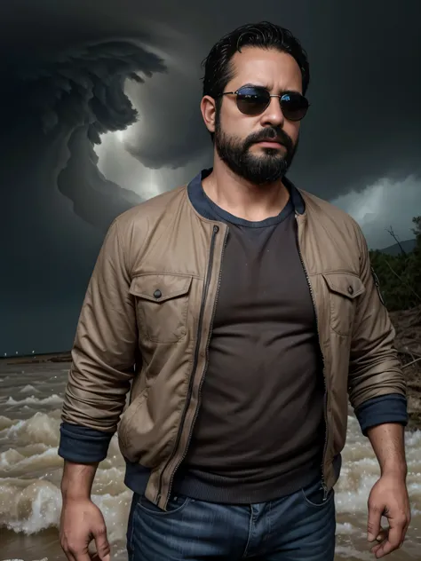 Create a hyper-realistic image of a 38-year-old man wearing dark sunglasses in a dramatic natural disaster scenario. His face should be highly detailed, showing the texture of his skin. The image should capture the upper body in a medium shot. The scene, c...